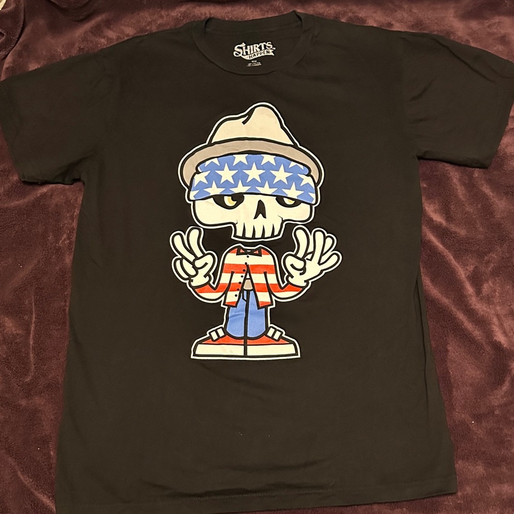 Patriotic Skull Character Black Graphic Tee - Short Sleeve